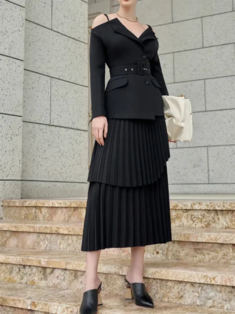 Solid Two Piece Set For Women Slash Neck Long Sleeve Tunic Coat High Waist Temperament Skirt Sets Female Fashion