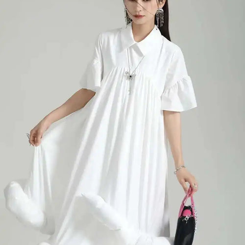 Load image into Gallery viewer, Women White Pleated Hem Ruffles Big Size Shirt Dress New Lapel Short Sleeve Loose Fit Fashion Spring Summer 2025 1DF7190
