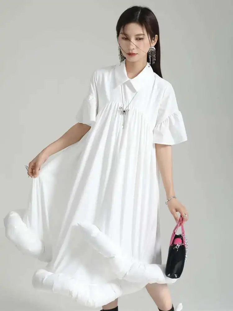 Women White Pleated Hem Ruffles Big Size Shirt Dress New Lapel Short Sleeve Loose Fit Fashion Spring Summer 2025 1DF7190
