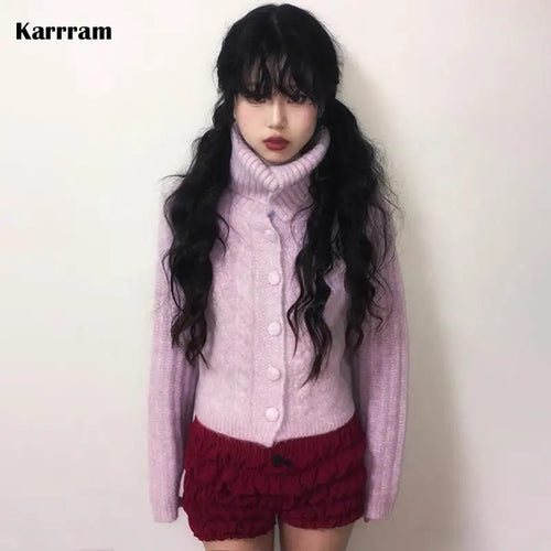 Load image into Gallery viewer, Japanese Y2k Turtleneck Cardigans Vintage Korean Style Knitted Sweater 2000s Aesthetics Pink Winter Knitwear Harajuku
