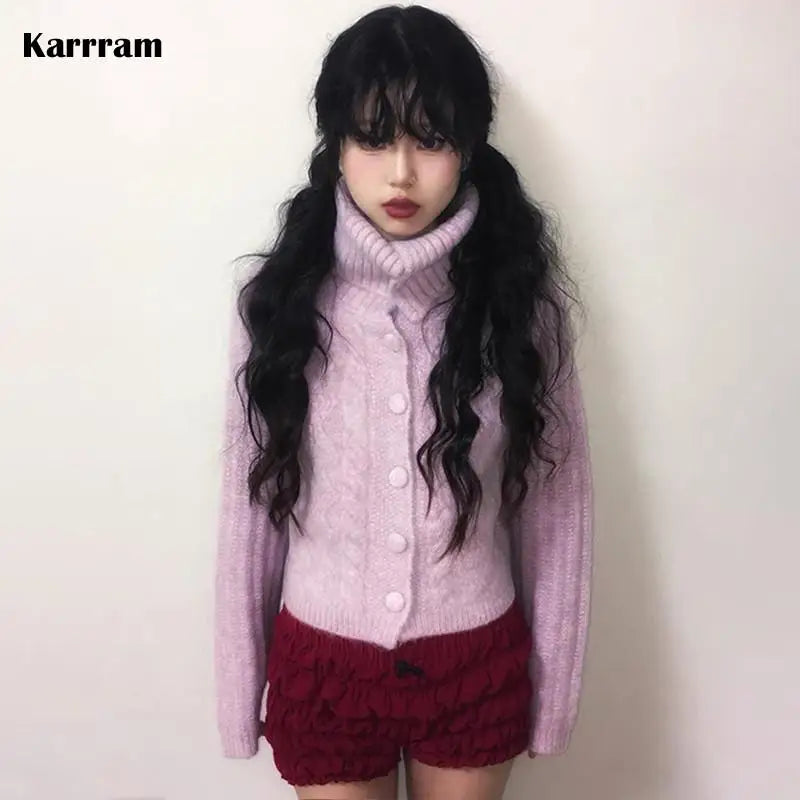 Japanese Y2k Turtleneck Cardigans Vintage Korean Style Knitted Sweater 2000s Aesthetics Pink Winter Knitwear Harajuku