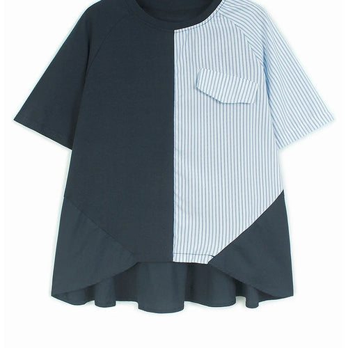 Load image into Gallery viewer, Women Gray Striped Color-block Big Size T-shirt New Round Neck Short Sleeve Fashion Tide Spring Summer 2025 1DJ0589
