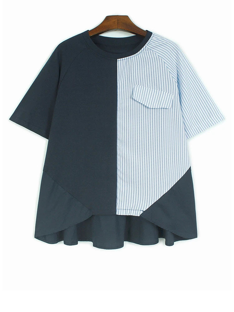 Women Gray Striped Color-block Big Size T-shirt New Round Neck Short Sleeve Fashion Tide Spring Summer 2025 1DJ0589