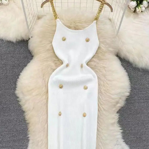 Load image into Gallery viewer, Korean Summer Fashion Women Solid O-neck Button Knitted Midi Dress Sexy Cldub Sleeveless Office Chain Slip Dresses Women Popular
