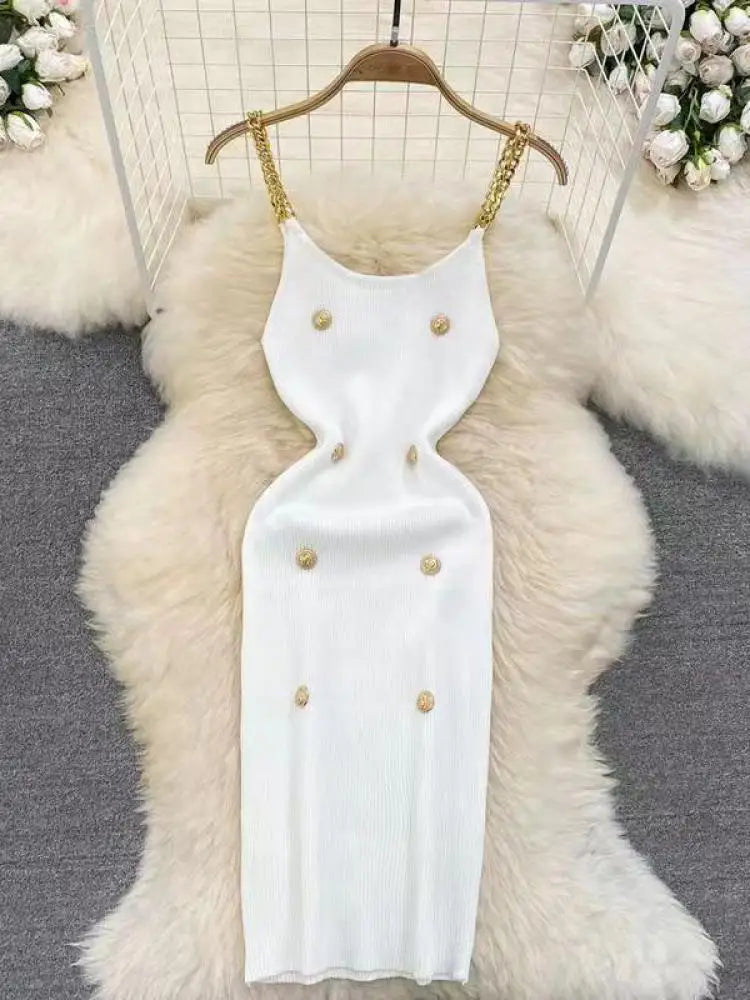 Korean Summer Fashion Women Solid O-neck Button Knitted Midi Dress Sexy Cldub Sleeveless Office Chain Slip Dresses Women Popular