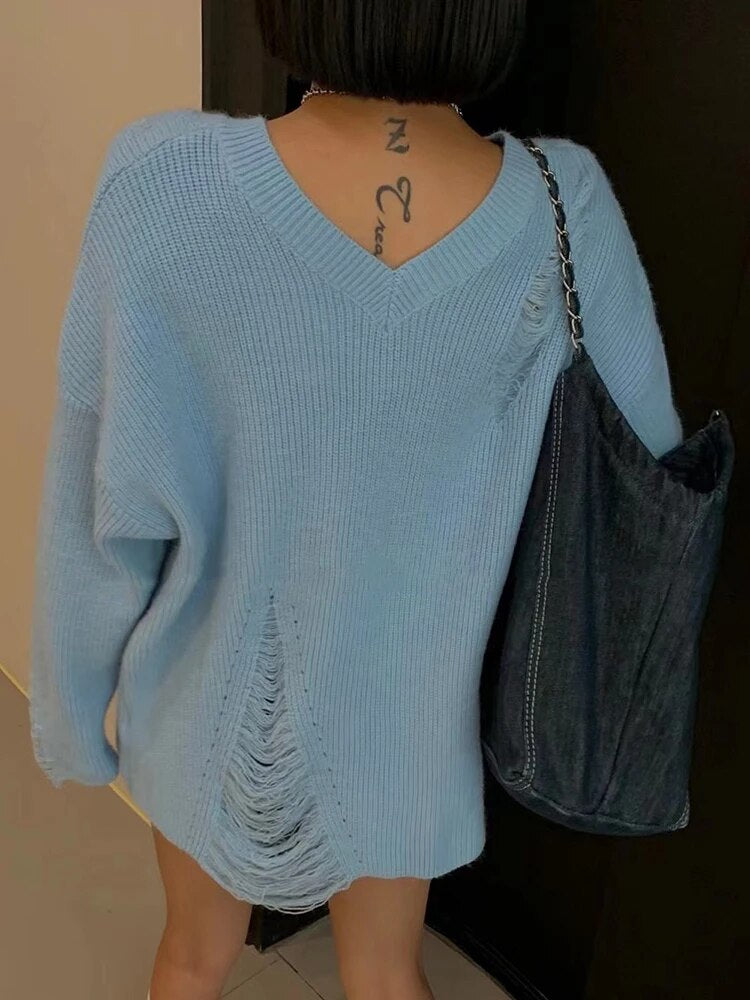 Solid Casual Loose Knitting Sweaters For Women V Neck Long Sleeve Pullover Minimalist Temperament Sweater Female