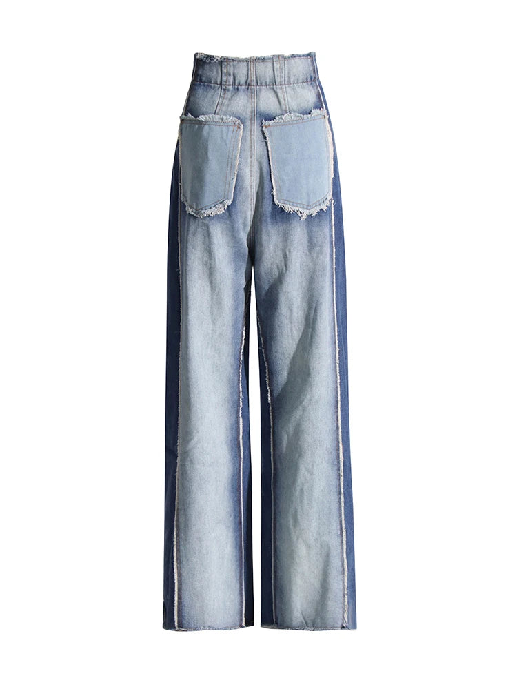 Casual Denim Patchwork Women Trousers High Waist Hit Color Big Size Wide Leg Pants Female Fashion Spring