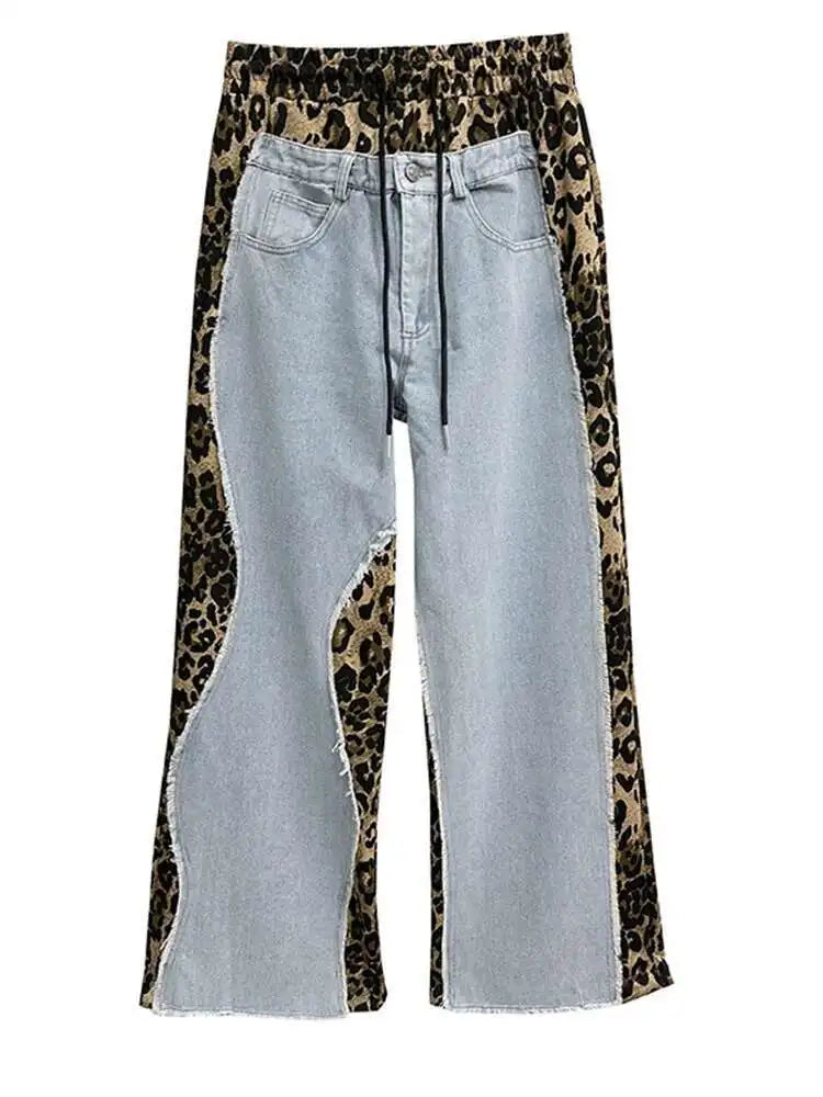 High Waist Leopard Print Denim Color-block Long Wide Leg Jeans New Women Trousers Fashion Tide Spring Autumn 2025 1DH8739