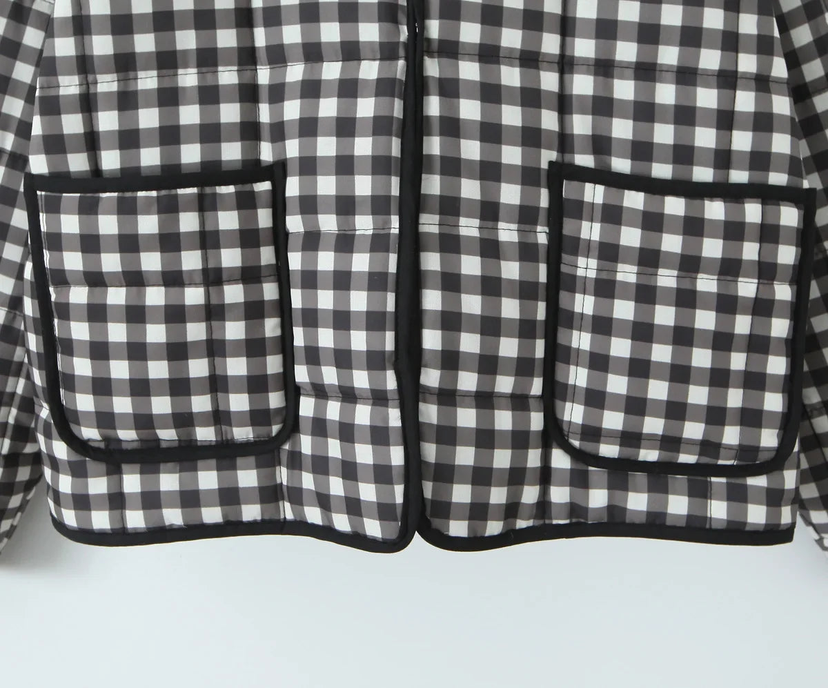 Autumn Women Plaid Quilted Coats Fashion Cotton Jacket Coats Warm Black and White Short Jacket Coat Female Outwear
