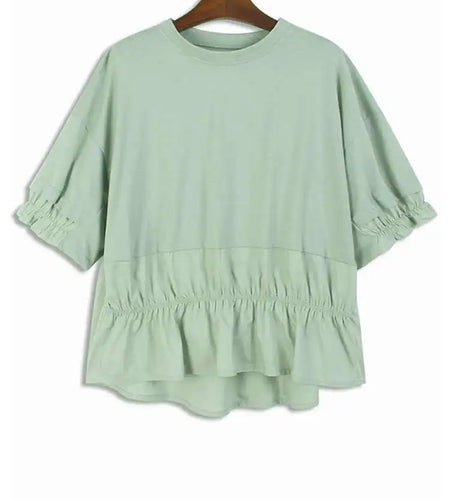 Women Green Ruffles Irregular Big Size Casual T-shirt New Round Neck Short Sleeve Fashion Tide Spring Summer 2025 1DJ0078