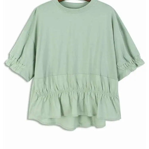 Load image into Gallery viewer, Women Green Ruffles Irregular Big Size Casual T-shirt New Round Neck Short Sleeve Fashion Tide Spring Summer 2025 1DJ0078
