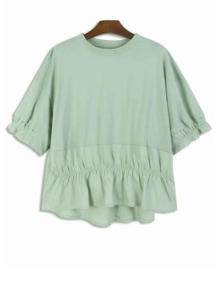 Women Green Ruffles Irregular Big Size Casual T-shirt New Round Neck Short Sleeve Fashion Tide Spring Summer 2025 1DJ0078