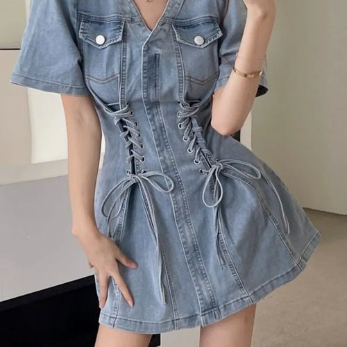 Load image into Gallery viewer, Denim Bandage Dress Women Korean Fashion Kpop Streetwear Mini Short Dresses Wrap
