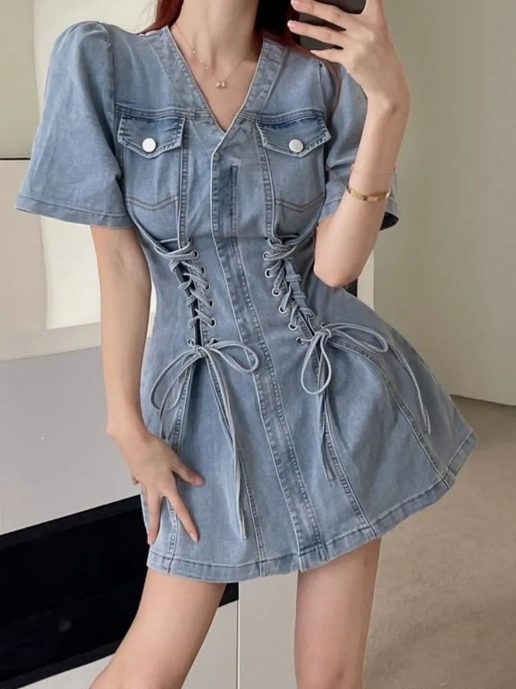 Denim Bandage Dress Women Korean Fashion Kpop Streetwear Mini Short Dresses Wrap