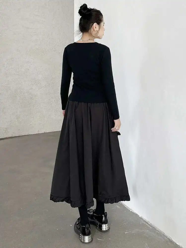 High Elastic Waist Black Ruffles Irregular Pocket A-line Half-body Skirt Women Fashion Tide New Spring Autumn 2025 1DH8737