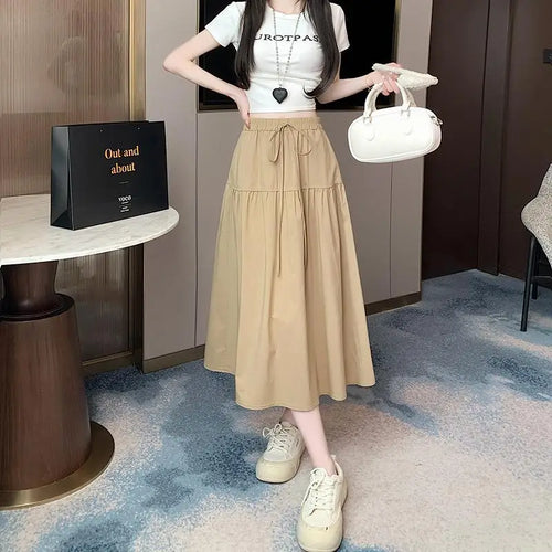 Load image into Gallery viewer, Korean Black High Waist Vacation Slim Pleated Long Skirt Spring Summe Women Khaki Elegant Lace-up Party Skirt Fashion Simplicity
