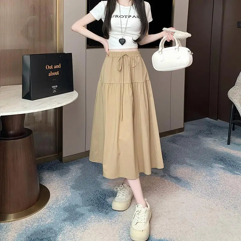 Korean Black High Waist Vacation Slim Pleated Long Skirt Spring Summe Women Khaki Elegant Lace-up Party Skirt Fashion Simplicity