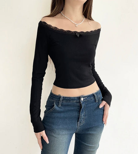 Fashion Black Basic Autumn T shirt Female Lace Trim Knit Crop Top Bow Off Shoulder Korean Elegant Sexy Tee Pullovers