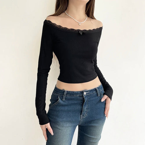 Load image into Gallery viewer, Fashion Black Basic Autumn T shirt Female Lace Trim Knit Crop Top Bow Off Shoulder Korean Elegant Sexy Tee Pullovers
