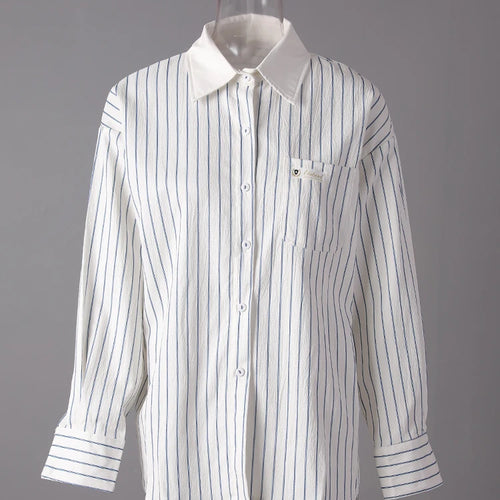 Load image into Gallery viewer, Women Blue Striped Textured Big Size Elegant Blouse New Lapel Long Sleeve Shirt Fashion Tide Spring Autumn 2025 CPG3188

