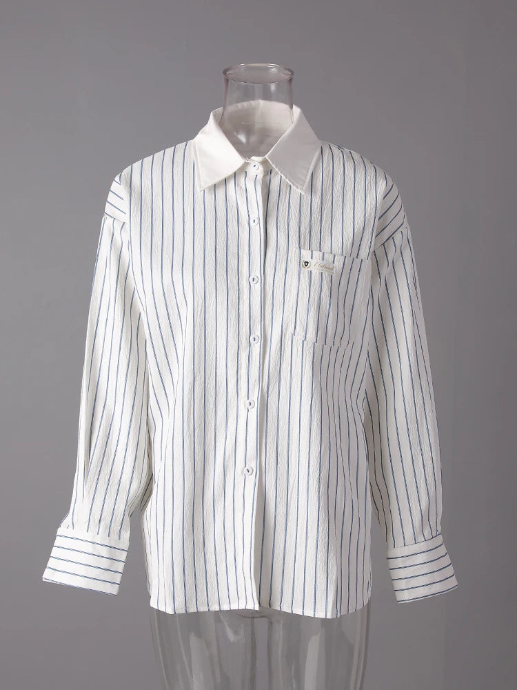 Women Blue Striped Textured Big Size Elegant Blouse New Lapel Long Sleeve Shirt Fashion Tide Spring Autumn 2025 CPG3188