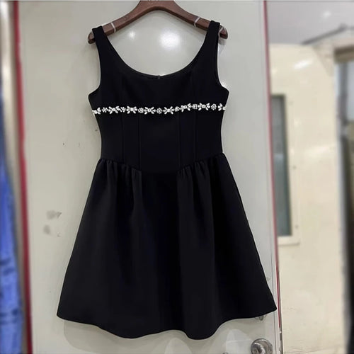 Load image into Gallery viewer, Solid Spliced Diamonds Mini Dresses For Women  Square Collar Sleeveless High Waist  Dress Female Fashion
