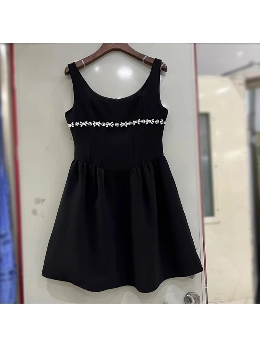 Solid Spliced Diamonds Mini Dresses For Women  Square Collar Sleeveless High Waist  Dress Female Fashion