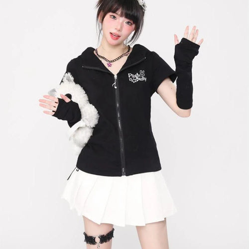 Load image into Gallery viewer, Kawaii Rabbit Black Printing T-shirts Y2k Aesthetic Slim Streetwear Zipper Tees Short Sleeve Fairy Harajuku Hoody Tops Women
