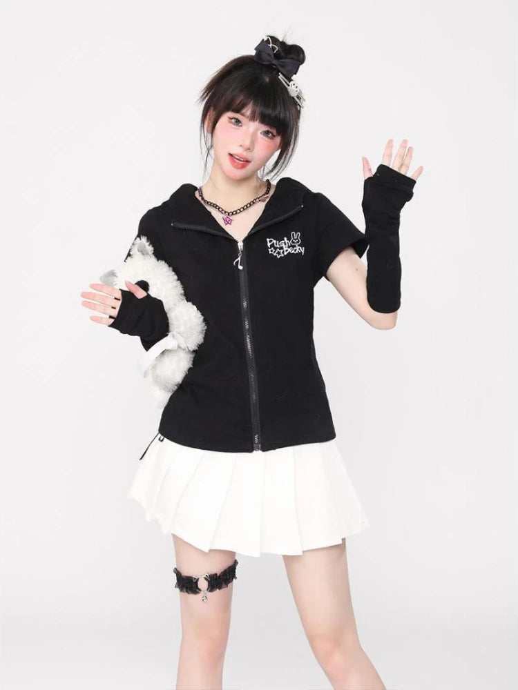 Kawaii Rabbit Black Printing T-shirts Y2k Aesthetic Slim Streetwear Zipper Tees Short Sleeve Fairy Harajuku Hoody Tops Women
