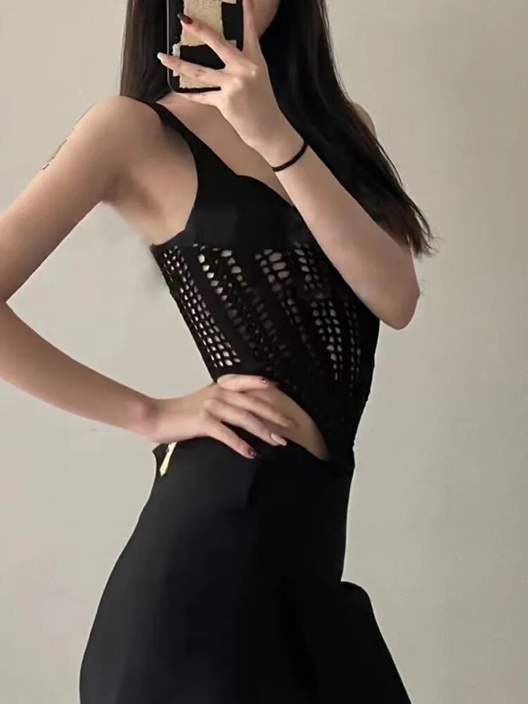 Cut Out Sexy Vest For Women Square Collar Sleeveless Slim Irregular Hem Solid Tank Tops Female Summer Clothing