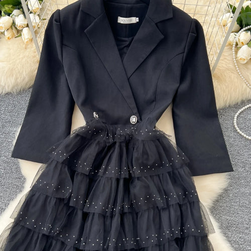 Load image into Gallery viewer, Autumn 2024 New Black Mesh Patchwork Sequin Elegant Long Sleeve Slim Dress Korean Women Khaki Temperament High Waist Cake Dress
