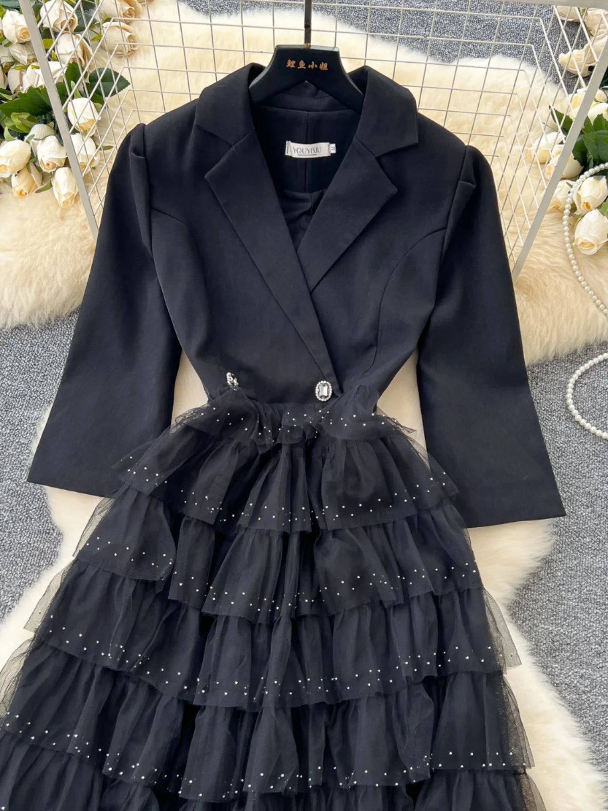 Autumn 2024 New Black Mesh Patchwork Sequin Elegant Long Sleeve Slim Dress Korean Women Khaki Temperament High Waist Cake Dress