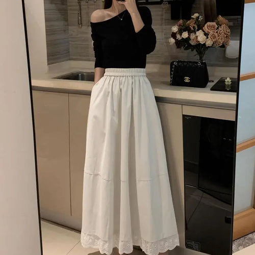 Load image into Gallery viewer, Spring Summer French Fashion Patchwork Lace Elegant Versatile Long Skirt Women Vintage High Waisted Vacation Pleated Half Skirts
