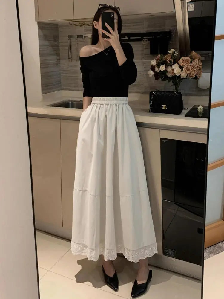 Spring Summer French Fashion Patchwork Lace Elegant Versatile Long Skirt Women Vintage High Waisted Vacation Pleated Half Skirts