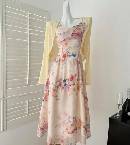 Spring Summer Women Yellow Long Sleeves Cardigan Tops And Retro Floral V-neck High Waist Slim Slip Long Dress 2025 Two-piece Set