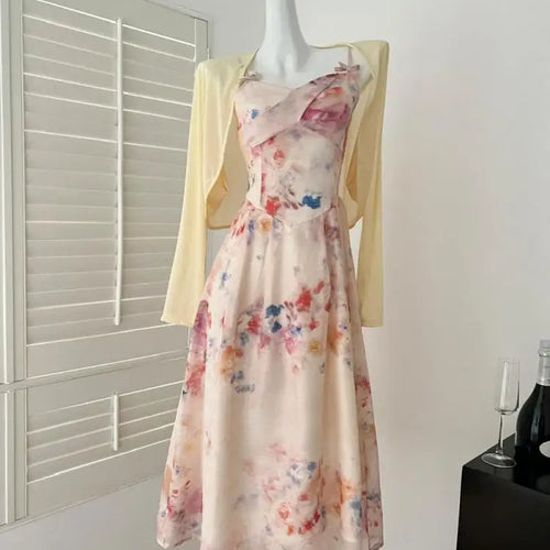 Load image into Gallery viewer, Spring Summer Women Yellow Long Sleeves Cardigan Tops And Retro Floral V-neck High Waist Slim Slip Long Dress 2025 Two-piece Set
