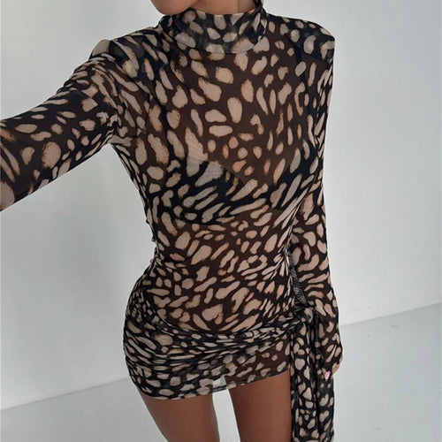 Load image into Gallery viewer, Mesh Leopard Print Sexy Mini Dress For Women Robe Fashion Turtleneck Draped Ruched High Waist Club Dress Vestido
