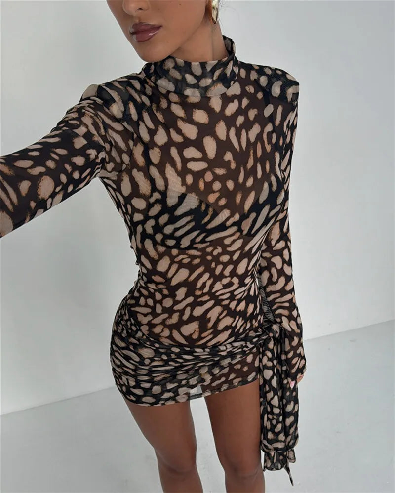 Mesh Leopard Print Sexy Mini Dress For Women Robe Fashion Turtleneck Draped Ruched High Waist Club Dress Vestido