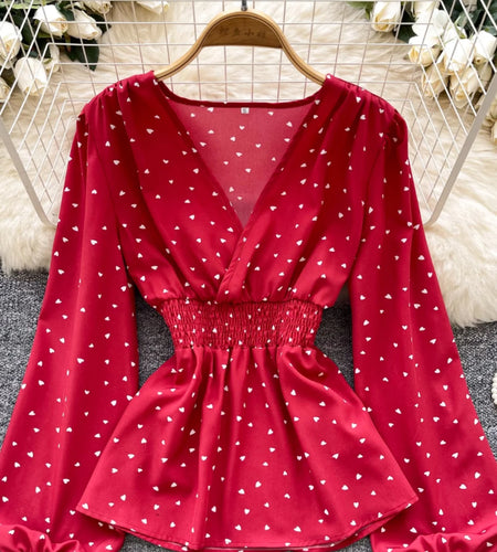 French Vintage 2025 Women's White Print Elegant V-neck Lantern Sleeves Pleated Tops Red High Waist Short Shirt Spring Autumn New