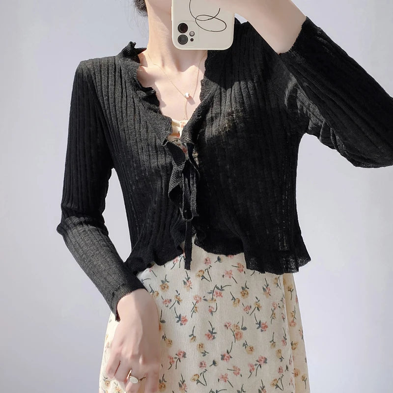 New Spring Summer Solid Long Sleeved Festival Elegant Slim Cardigan Knitted Tops Ladies Sun Protection Lace-up Ruffle Edge Coat