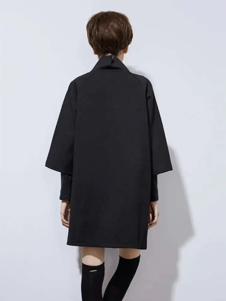 Women Black Zipper Casual Big Size Dress New Turtleneck Three-quarter Sleeve Loose Fit Fashion Spring Autumn 2025 1DF4717