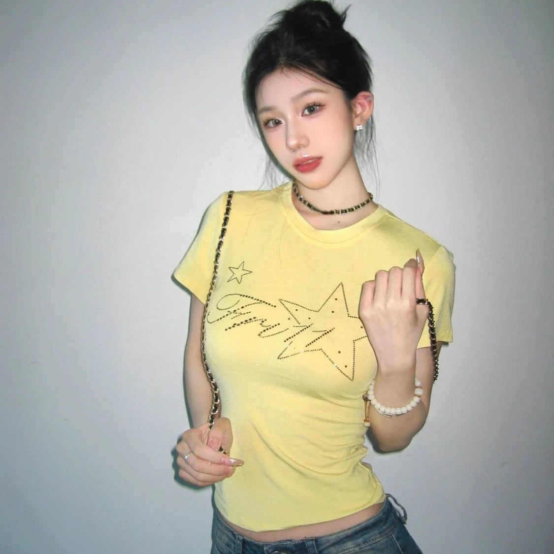 2025 Summer Yellow Gothic Tee Femme Y2k Aesthetic Slim Women Sexy Crop T-shirt Vintage Diamond Letter Streetwear Grunge Tshirts