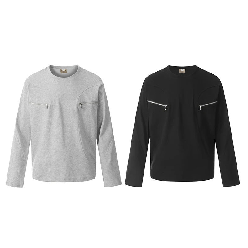 Men's T-shirts Long Sleeve New  American Style Line Zipper Trendy Solid Color Pullover Design Male Pullover Clothing 9W1762