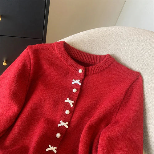 Load image into Gallery viewer, Autumn Winter Sweet Retro Red Bow Pearl Button Knit Cardigan Tops French Fashion Women White Single Breasted Long Sleeve Sweater
