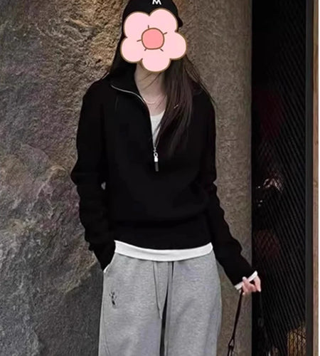 Vintage Black White Streetwear Knitted Pullovers Tops Women Korean Style Casual Losse Grey Zipper Sweater Autumn Winter 2024 New