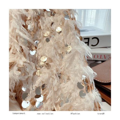 Load image into Gallery viewer, Autumn Winter Sweet Pink Sequins Elegant Round Neck Pullover Short Sweater Women's 2024 New Beige Long Sleeved Loose Knitted Top
