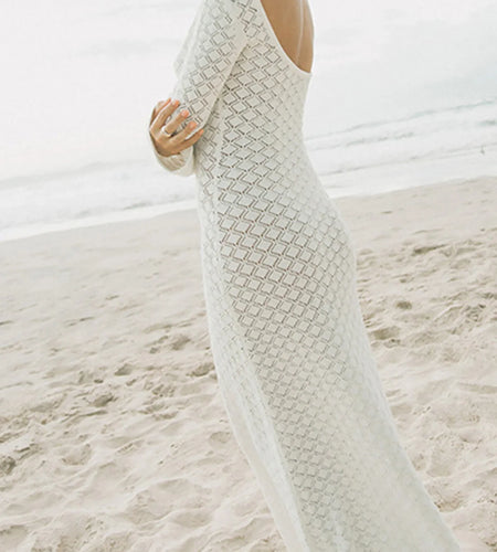Long Sleeve See Through Crochet Knitted Tunic Beach Cover Up Cover-ups Beach Dress Beach Wear Beachwear Female Women V5975