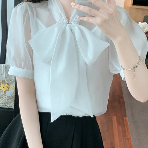 Load image into Gallery viewer, Chiffon Bow Lace-up Women&#39;s Blouse Korean Style Sweet V-neck Solid Color Puff Sleeve Chic Fashion Female Elegant Workwear
