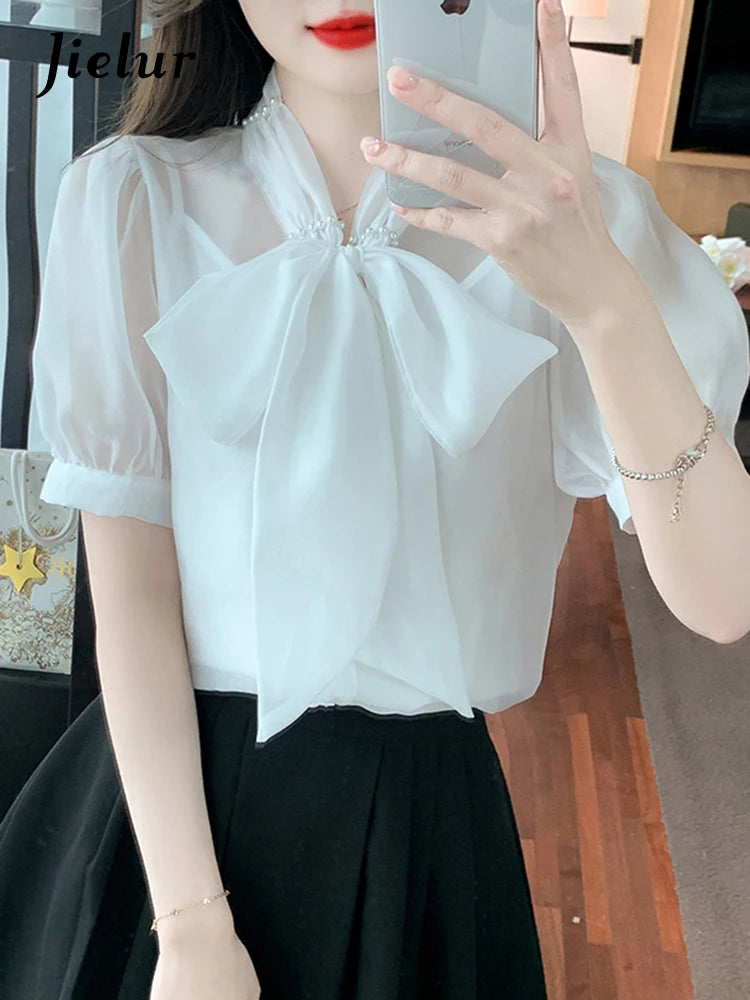 Chiffon Bow Lace-up Women's Blouse Korean Style Sweet V-neck Solid Color Puff Sleeve Chic Fashion Female Elegant Workwear