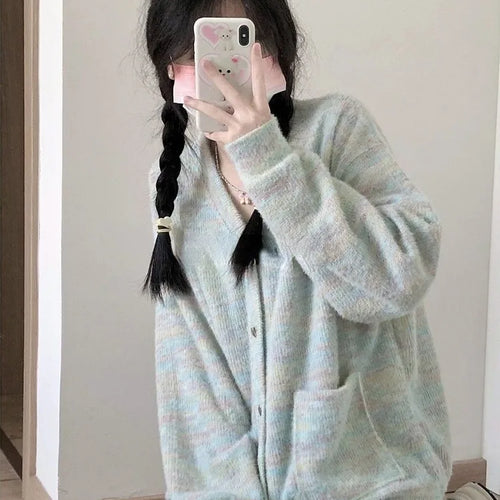 Load image into Gallery viewer, Cute Iridescence Knitted Cardigans Loose Sweet Y2k Aesthetic Single Breaste Tops Contrast Color Grunge Harajuku Sweaters Women
